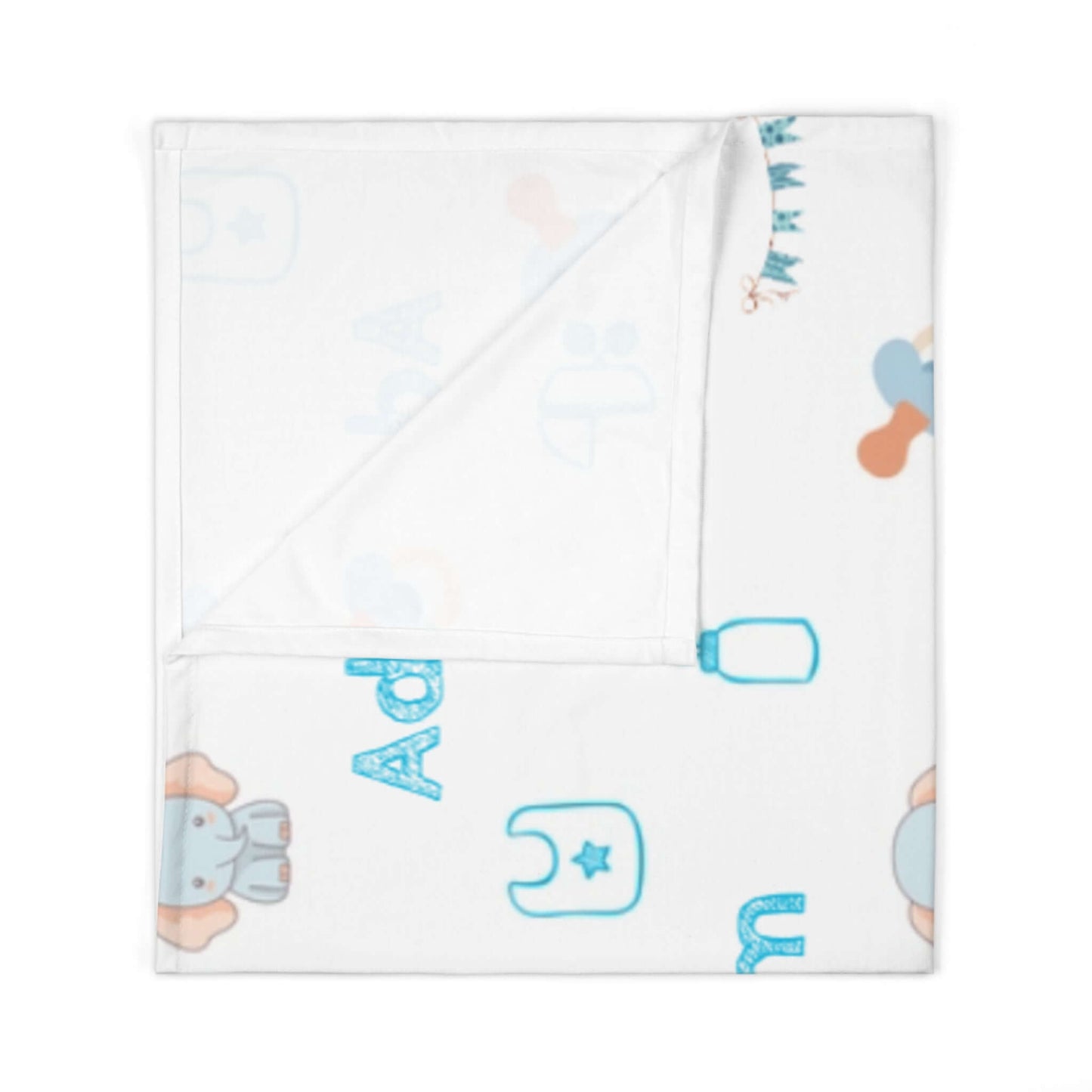 Personalized Baby Boy Blanket – Custom Swaddle with Name & Nursery Icons featuring playful nursery designs and a soft blue palette.