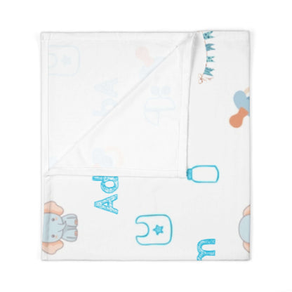 Personalized Baby Boy Blanket – Custom Swaddle with Name & Nursery Icons featuring playful nursery designs and a soft blue palette.