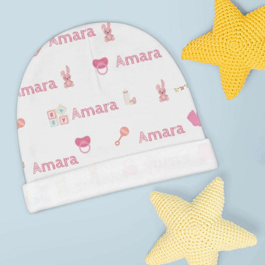 Personalized Baby Girl Beanie – Custom Infant Hat with Name & Icons featuring pink nursery-themed designs and name 'Amara'.