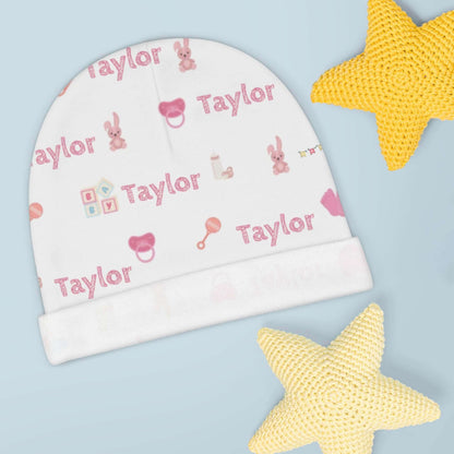 Personalized Baby Girl Beanie – Custom Infant Hat with Name & Icons featuring the name Taylor and nursery-themed designs.