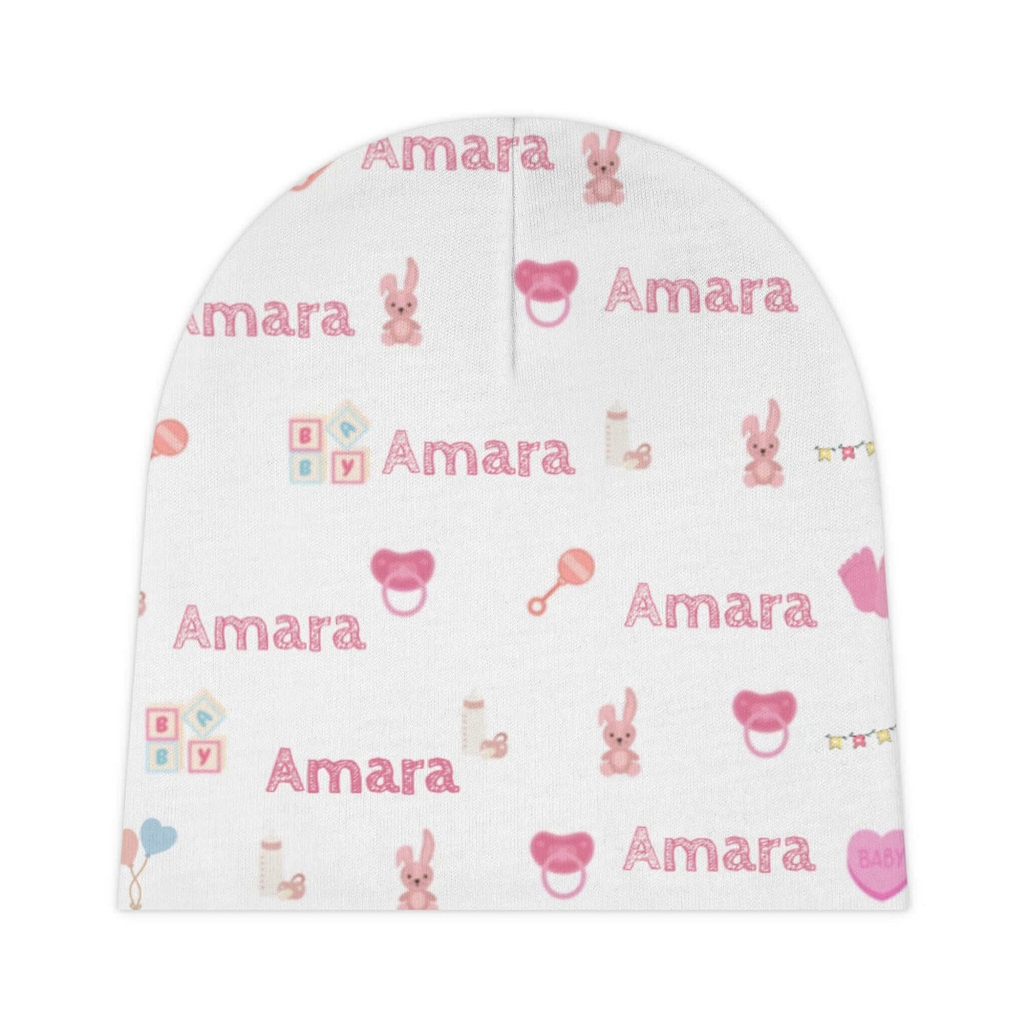 Personalized Baby Girl Beanie – Custom Infant Hat with Name & Icons featuring name Amara and nursery-themed icons.