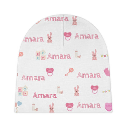 Personalized Baby Girl Beanie – Custom Infant Hat with Name & Icons featuring name Amara and nursery-themed icons.
