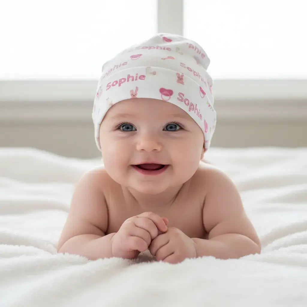 Personalized Baby Girl Beanie – Custom Infant Hat with Name & Icons on a smiling baby girl.