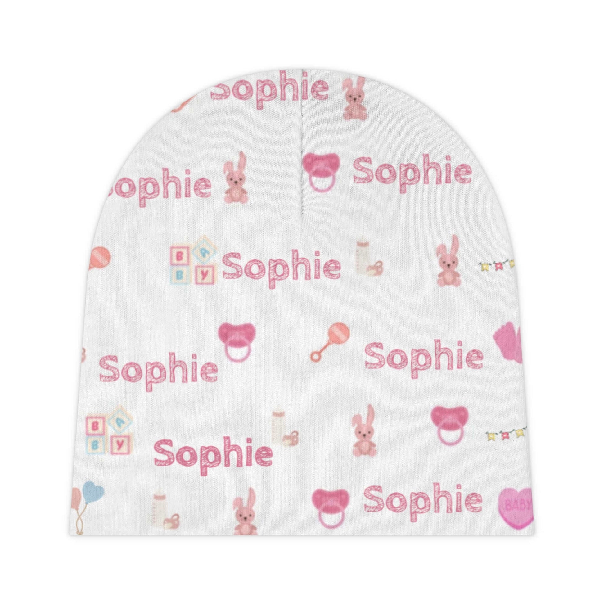 Personalized Baby Girl Beanie – Custom Infant Hat with Name & Icons featuring the name Sophie and nursery-themed designs.
