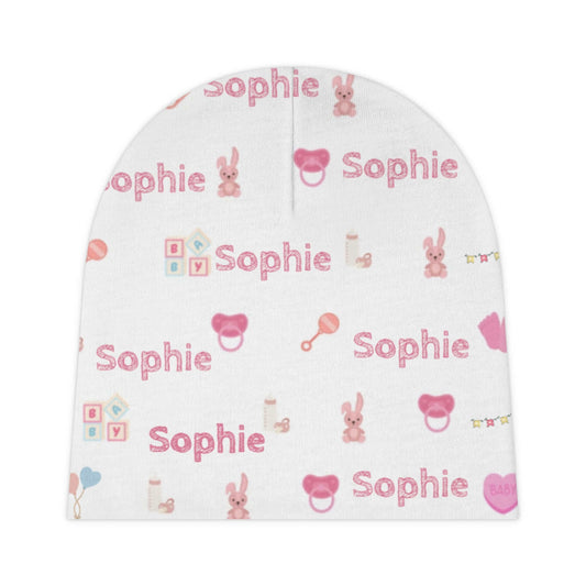 Personalized Baby Girl Beanie – Custom Infant Hat with Name & Icons featuring the name Sophie and nursery-themed designs.