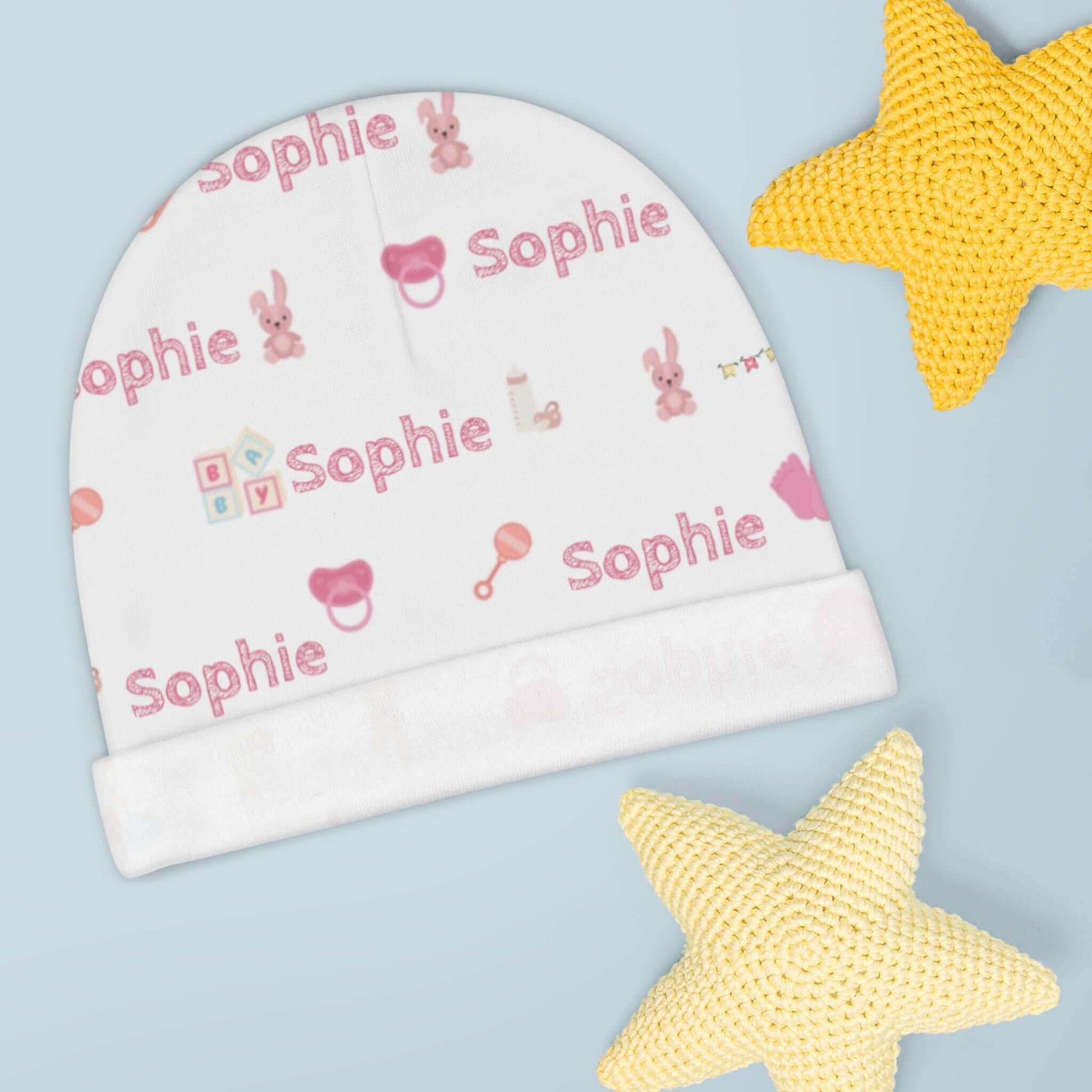 Personalized Baby Girl Beanie – Custom Infant Hat with Name & Icons showcasing Sophie with playful nursery icons.