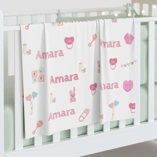 Personalized Baby Girl Blanket – Custom Name & Icon Design with playful icons and name 'Amara'.