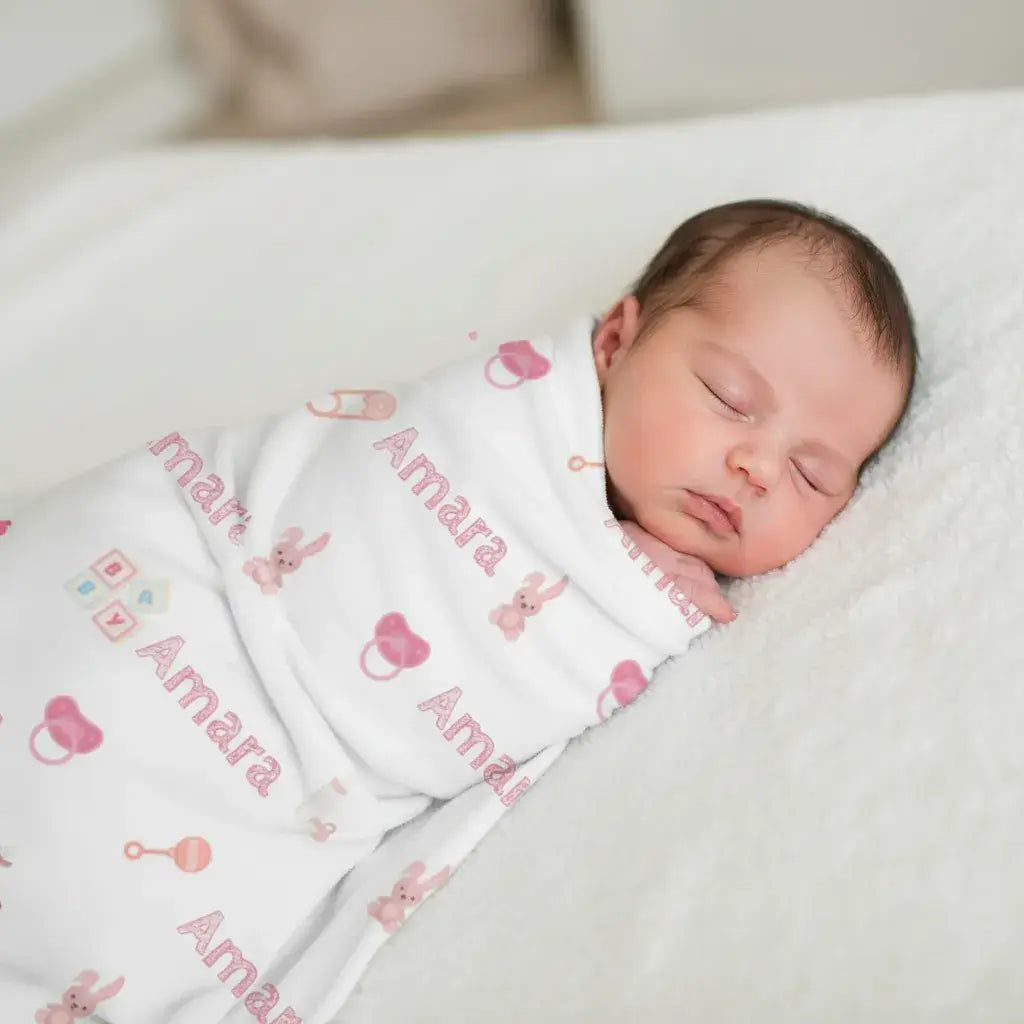 Personalized Baby Girl Blanket – Custom Name & Icon Design with baby swaddled in a charming pink and white design.