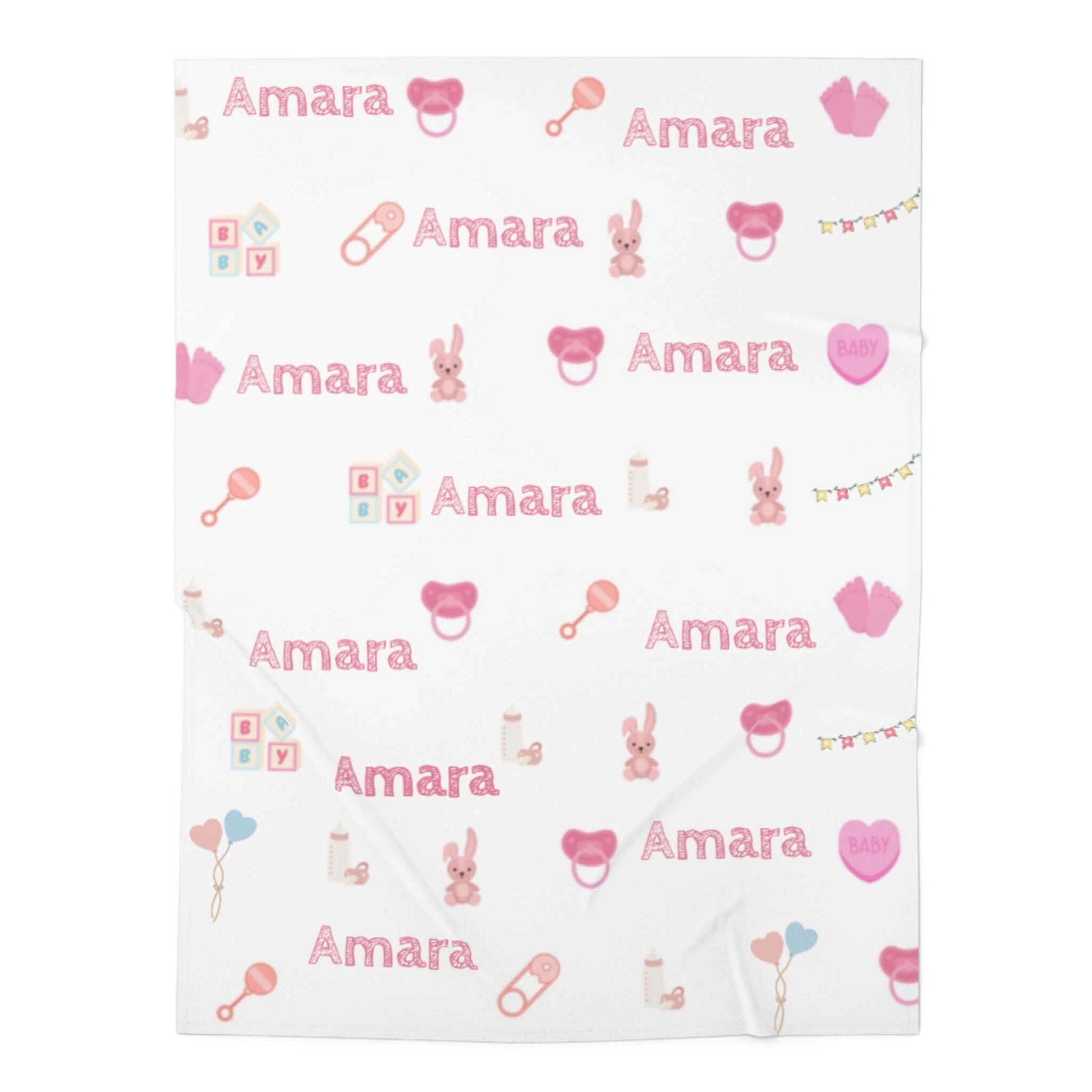 Personalized Baby Girl Blanket – Custom Name & Icon Design with playful pink nursery icons and name Amara.