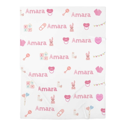 Personalized Baby Girl Blanket – Custom Name & Icon Design with playful pink nursery icons and name Amara.