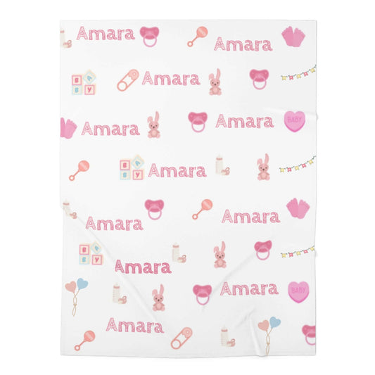 Personalized Baby Girl Blanket – Custom Name & Icon Design with playful pink nursery icons and name Amara.