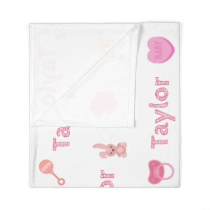 Personalized Baby Girl Blanket – Custom Name & Icon Design with pink name Taylor and nursery icons.