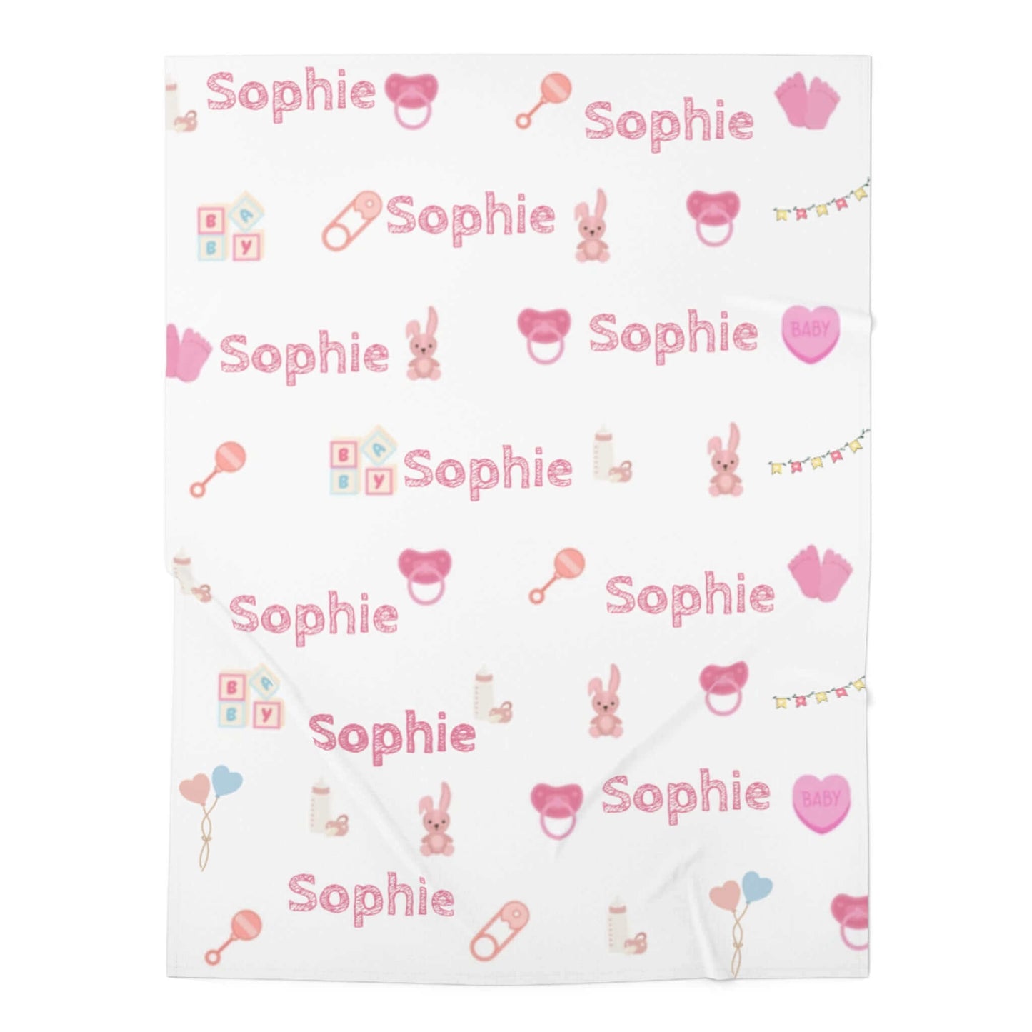 Personalized Baby Girl Blanket – Custom Name & Icon Design featuring the name Sophie and playful nursery icons on a soft background.