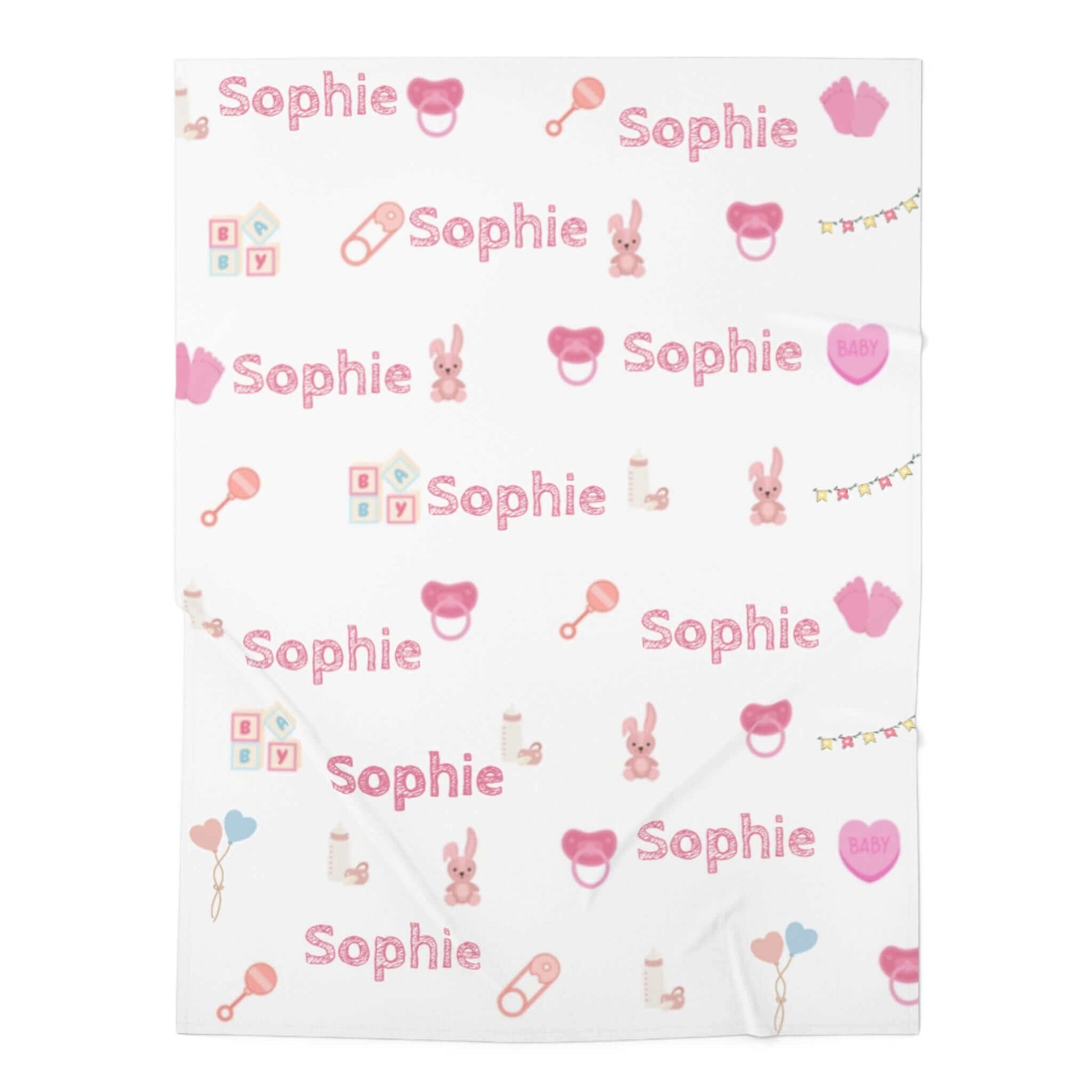 Personalized Baby Girl Blanket – Custom Name & Icon Design featuring the name Sophie and playful nursery icons on a soft background.