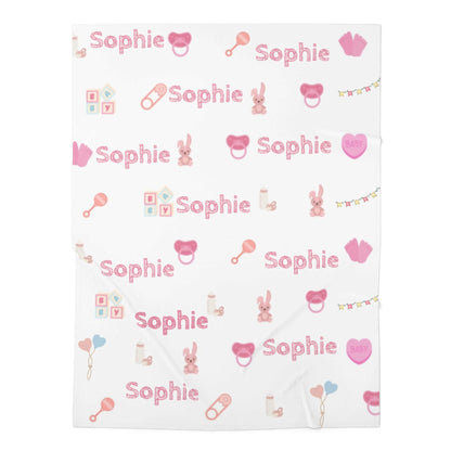 Personalized Baby Girl Blanket – Custom Name & Icon Design featuring the name Sophie and playful nursery icons on a soft background.