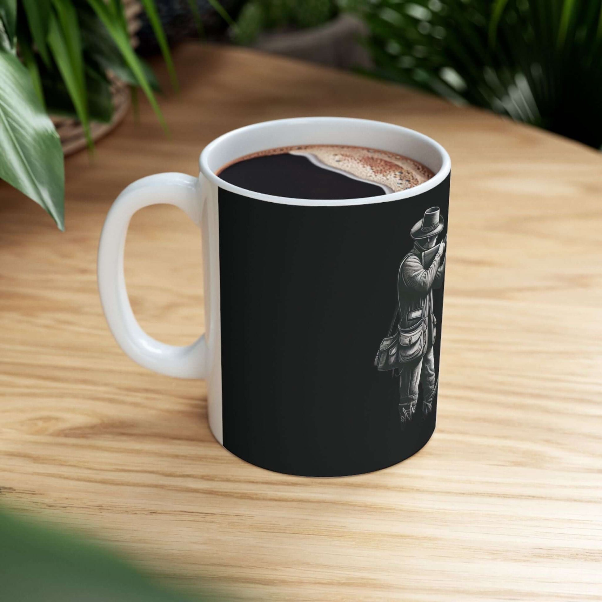 Personalized black hunting mug on wooden table filled with hot beverage, perfect for outdoor enthusiasts.