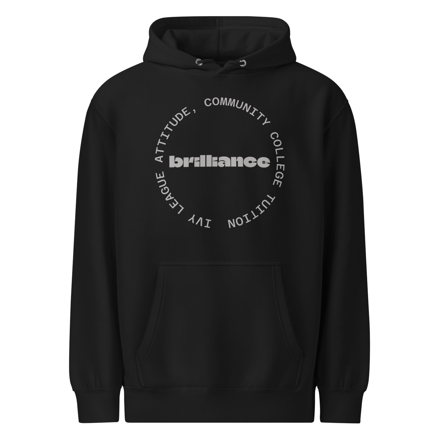 Personalized Campus Circle Hoodie – Bold Center Word + Custom Ring Text featuring the word 'brilliance'.