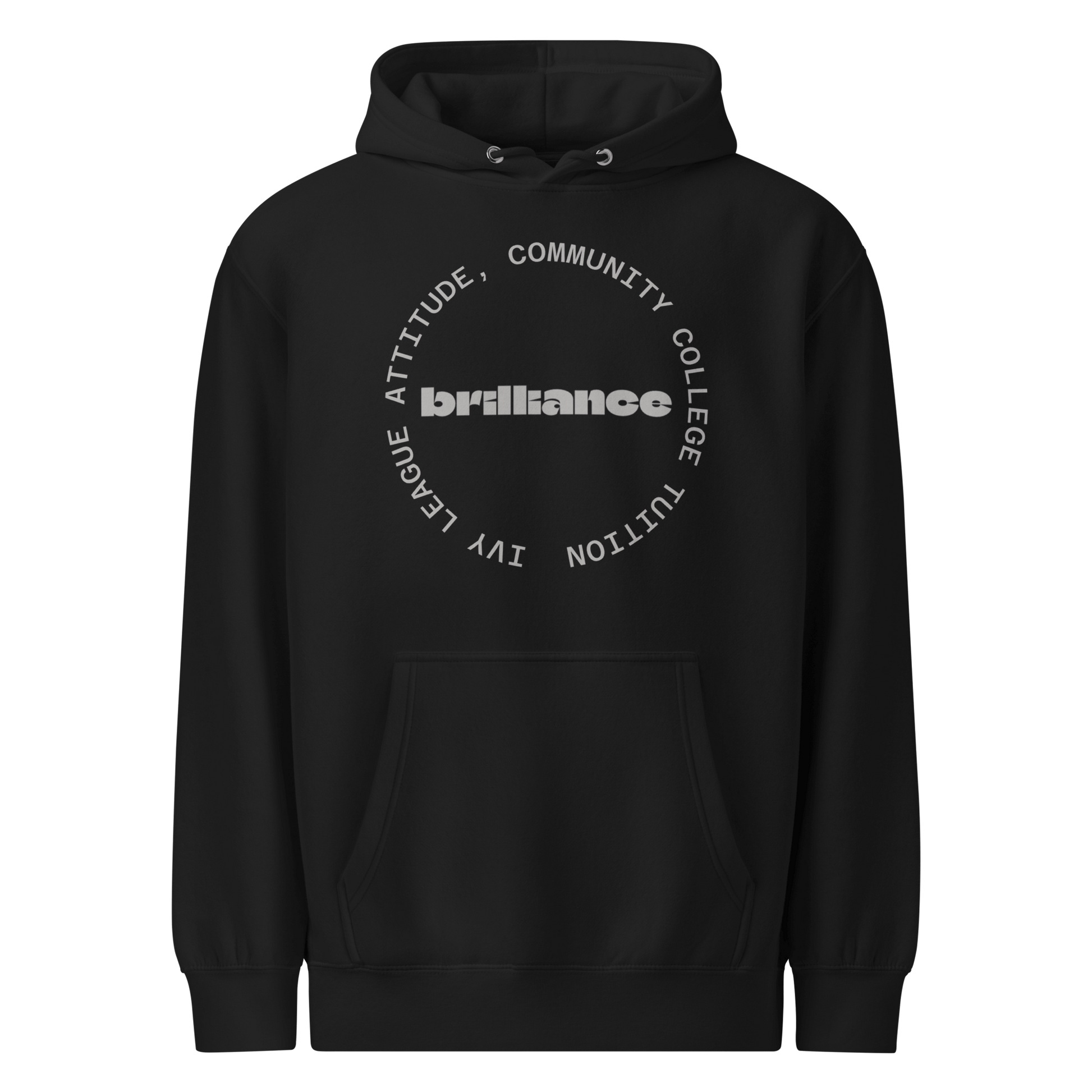 Personalized Campus Circle Hoodie – Bold Center Word + Custom Ring Text featuring the word 'brilliance'.