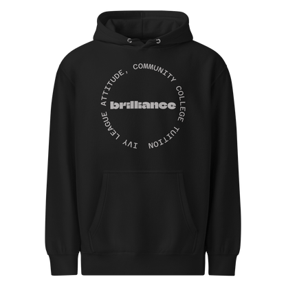 Personalized Campus Circle Hoodie – Bold Center Word + Custom Ring Text featuring the word 'brilliance'.