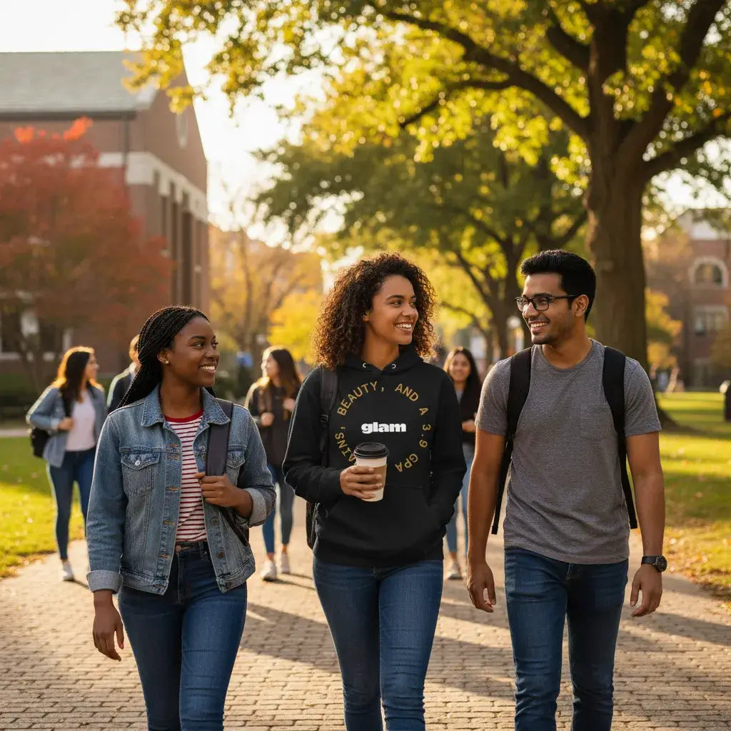 Personalized Campus Circle Hoodie – Bold Center Word + Custom Ring Text worn by students on campus.