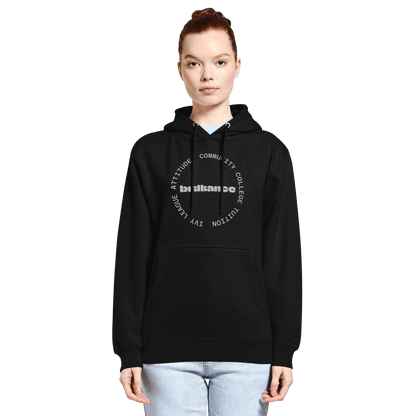 Personalized Campus Circle Hoodie – Bold Center Word + Custom Ring Text worn by a model in a black hoodie.