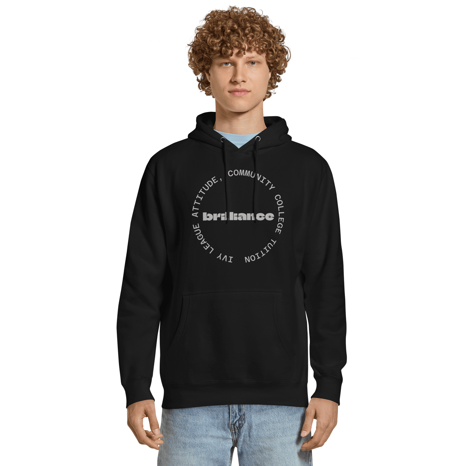 Personalized Campus Circle Hoodie – Bold Center Word + Custom Ring Text, featuring bold 'Brilliance' text on a black hoodie.