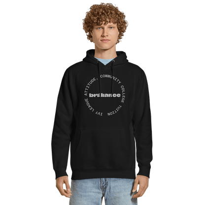 Personalized Campus Circle Hoodie – Bold Center Word + Custom Ring Text, featuring bold 'Brilliance' text on a black hoodie.