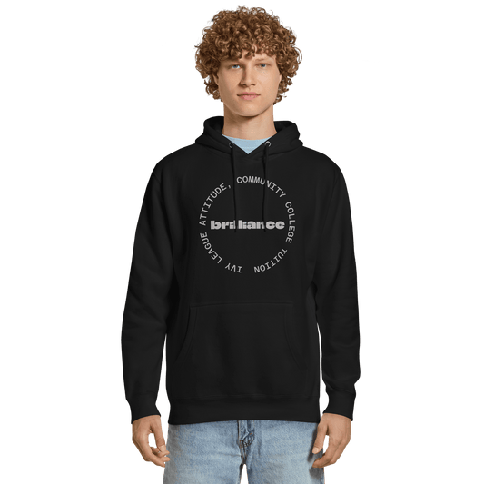 Personalized Campus Circle Hoodie – Bold Center Word + Custom Ring Text, featuring bold 'Brilliance' text on a black hoodie.