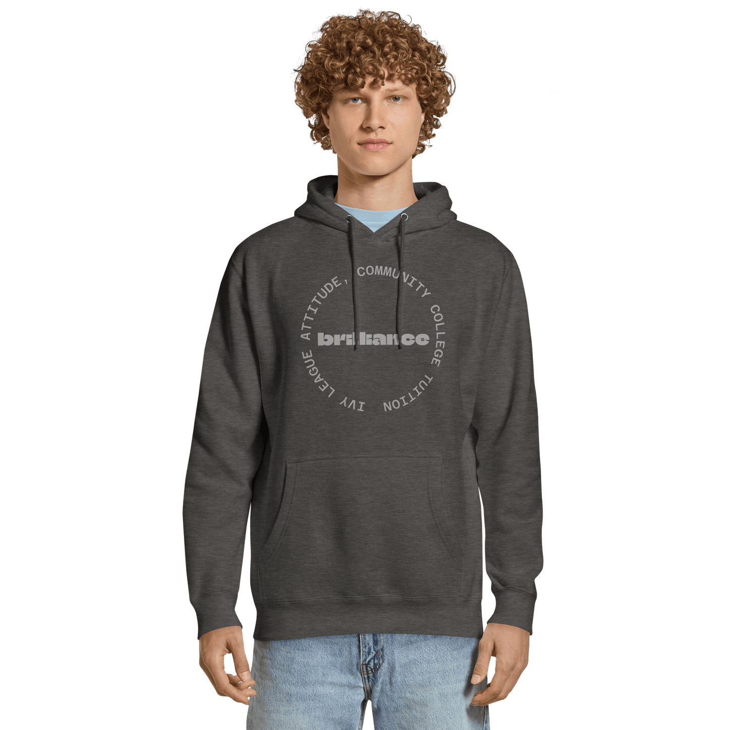 Personalized Campus Circle Hoodie – Bold Center Word + Custom Ring Text in dark gray worn by a model.