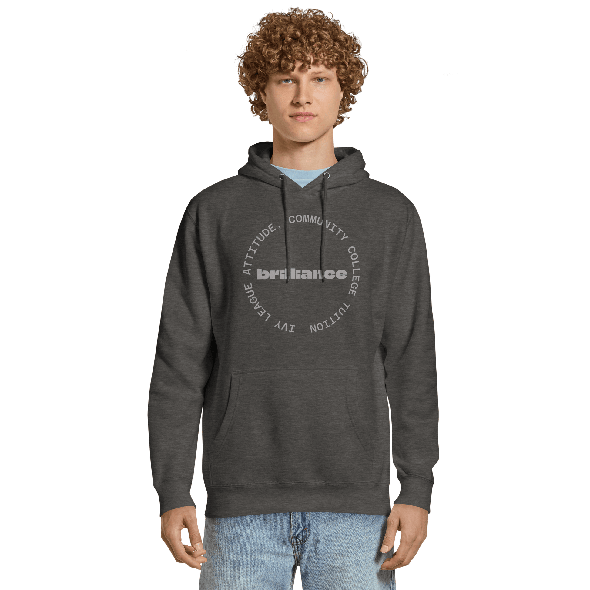 Personalized Campus Circle Hoodie – Bold Center Word + Custom Ring Text in dark gray worn by a model.