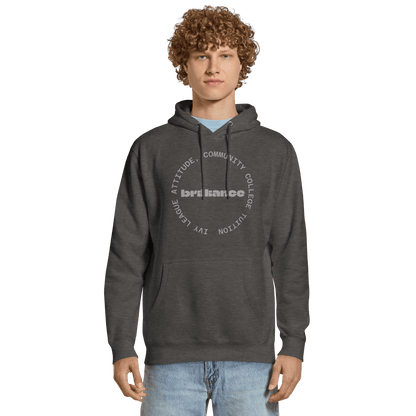 Personalized Campus Circle Hoodie – Bold Center Word + Custom Ring Text in dark gray worn by a model.