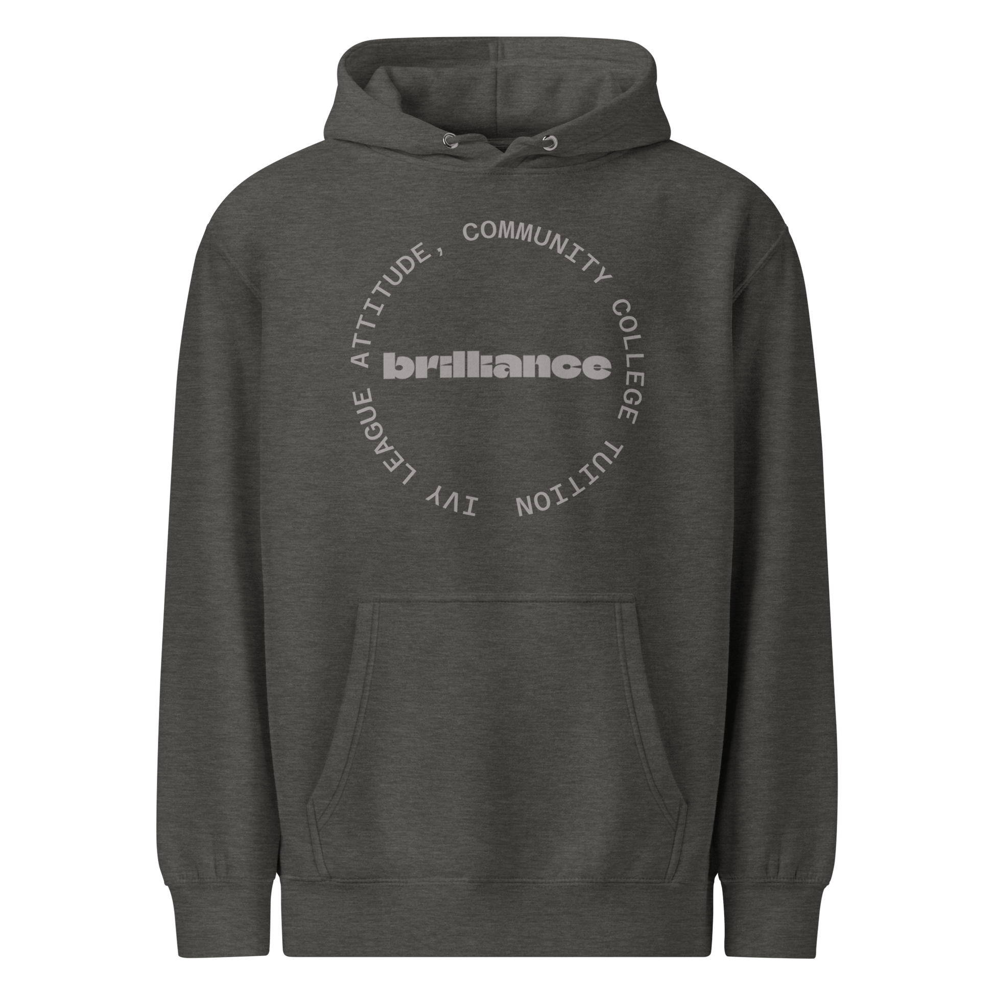 Personalized Campus Circle Hoodie – Bold Center Word + Custom Ring Text in gray with 'brilliance' word.