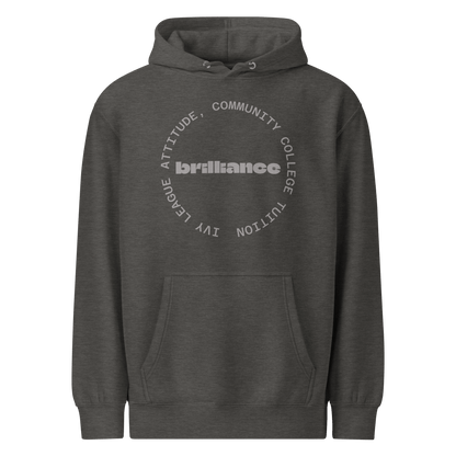 Personalized Campus Circle Hoodie – Bold Center Word + Custom Ring Text in gray with 'brilliance' word.