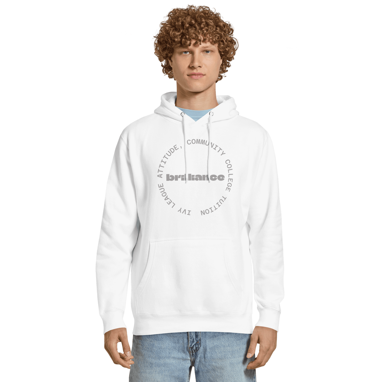 Personalized Campus Circle Hoodie – Bold Center Word + Custom Ring Text worn by a model, featuring bold text design.