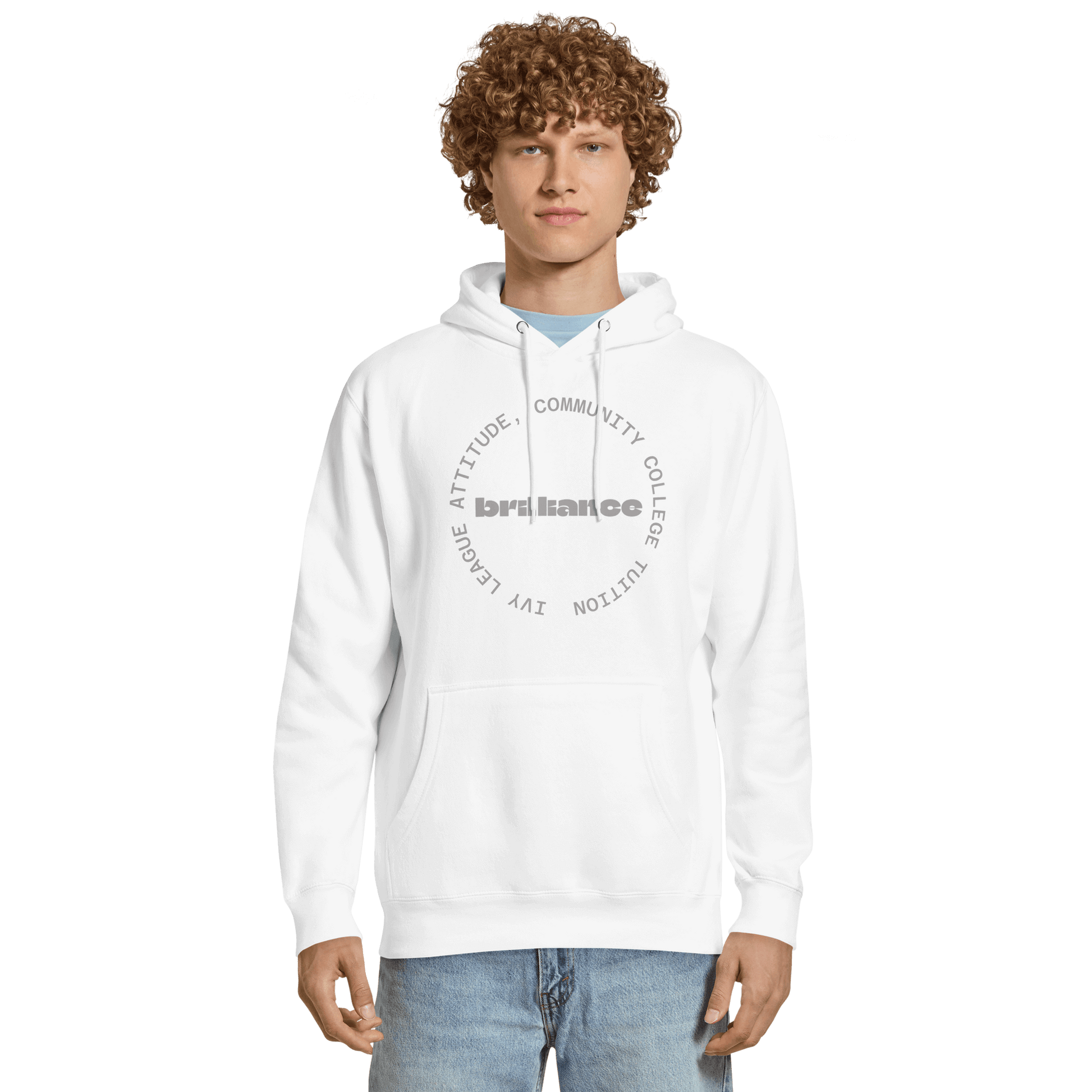 Personalized Campus Circle Hoodie – Bold Center Word + Custom Ring Text worn by a model, featuring bold text design.