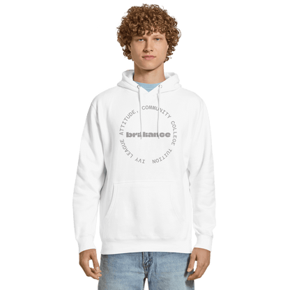 Personalized Campus Circle Hoodie – Bold Center Word + Custom Ring Text worn by a model, featuring bold text design.