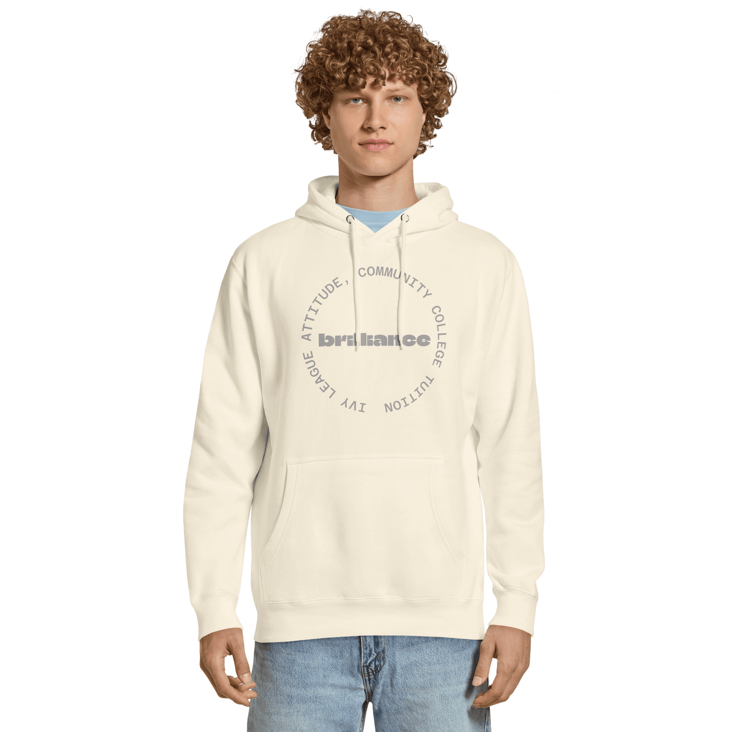 Personalized Campus Circle Hoodie – Bold Center Word + Custom Ring Text worn by a model showcasing custom text design.