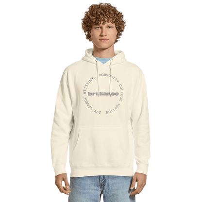 Personalized Campus Circle Hoodie – Bold Center Word + Custom Ring Text worn by a model showcasing custom text design.