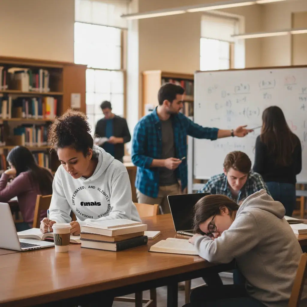 Personalized Campus Circle Hoodie – Bold Center Word + Custom Ring Text worn in a study environment during finals.