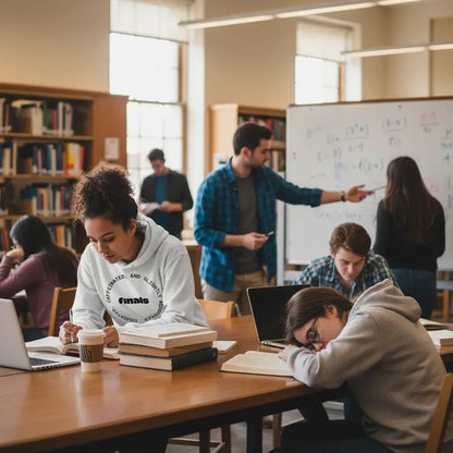 Personalized Campus Circle Hoodie – Bold Center Word + Custom Ring Text worn in a study environment during finals.