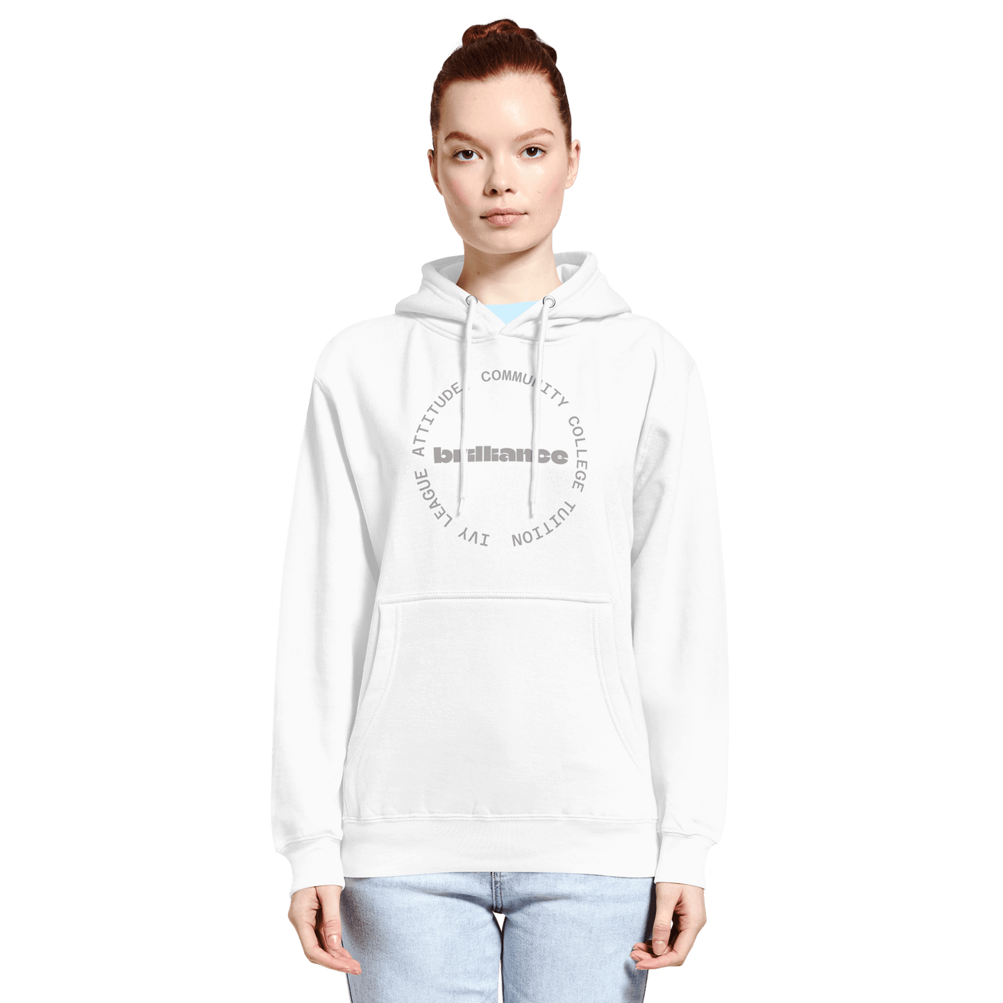 Personalized Campus Circle Hoodie – Bold Center Word + Custom Ring Text shown on model wearing a white hoodie.