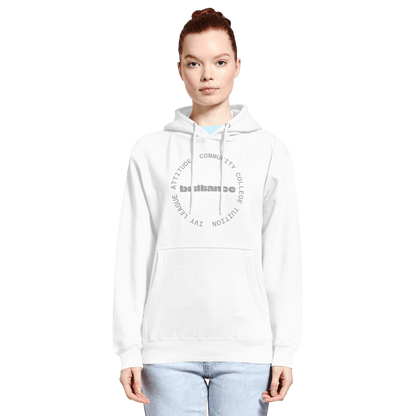 Personalized Campus Circle Hoodie – Bold Center Word + Custom Ring Text shown on model wearing a white hoodie.