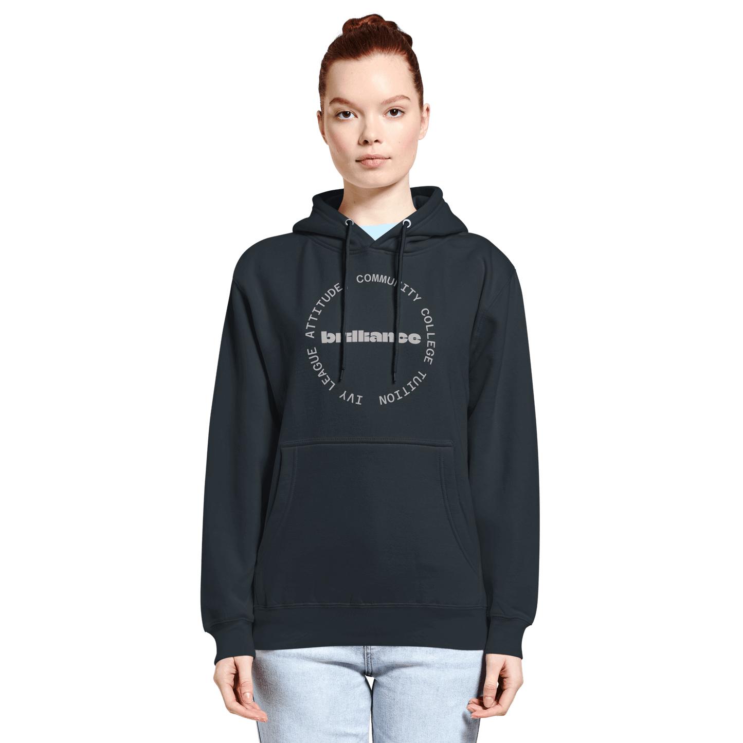 Personalized Campus Circle Hoodie – Bold Center Word + Custom Ring Text worn by a model, featuring a bold design.