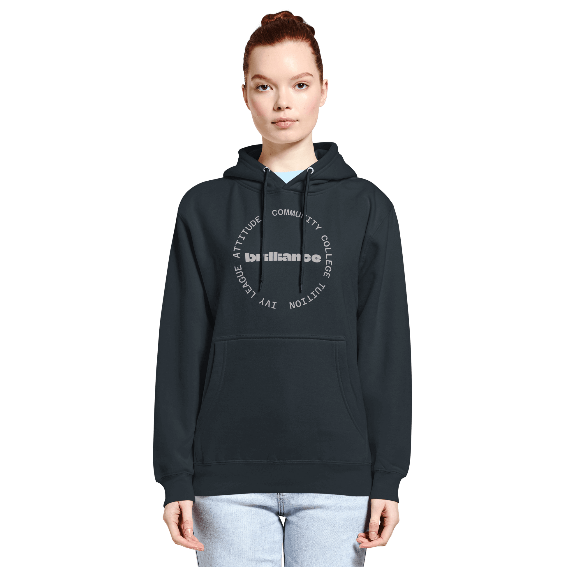 Personalized Campus Circle Hoodie – Bold Center Word + Custom Ring Text worn by a model, featuring a bold design.