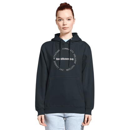 Personalized Campus Circle Hoodie – Bold Center Word + Custom Ring Text worn by a model, featuring a bold design.