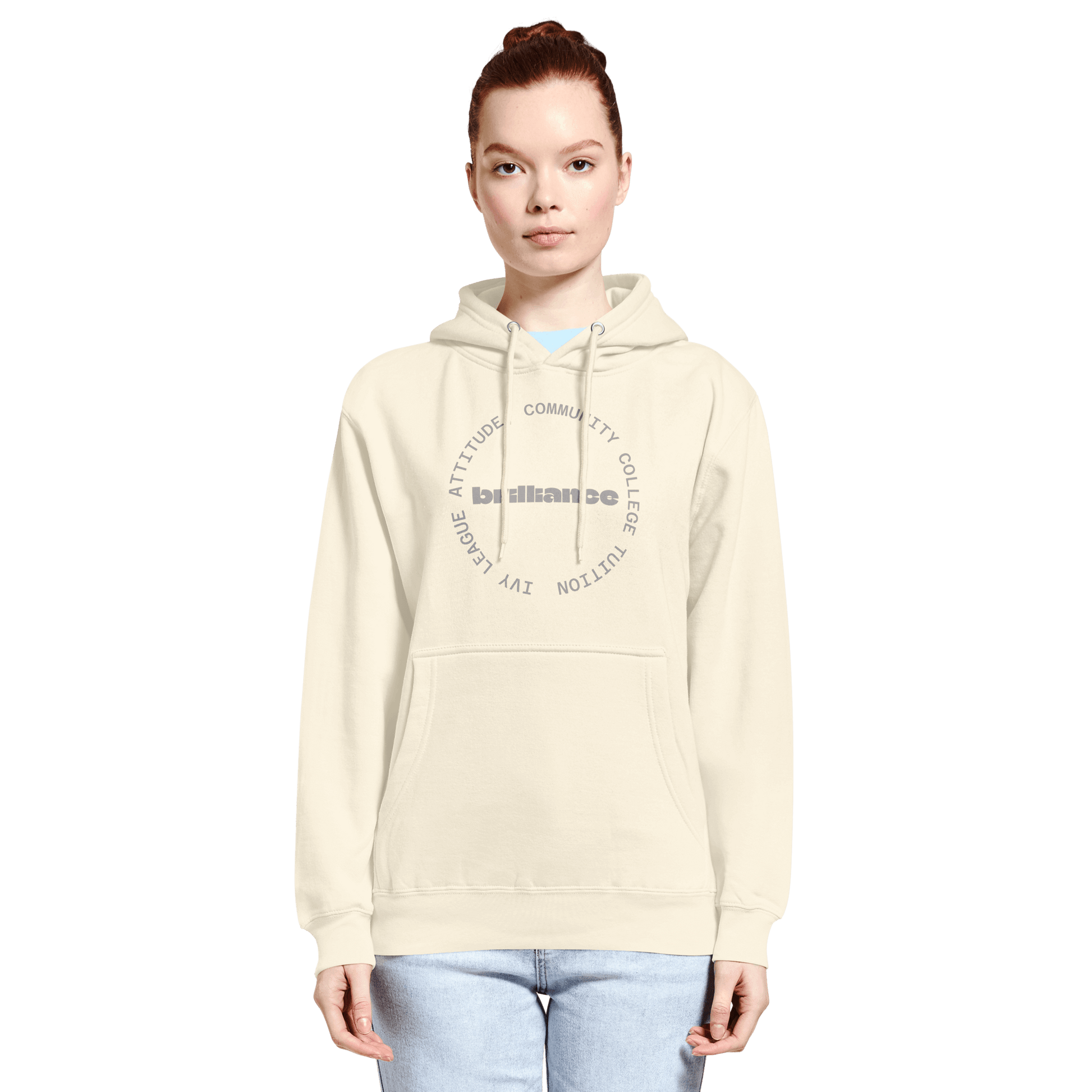 Personalized Campus Circle Hoodie – Bold Center Word + Custom Ring Text in cream color with bold text design.
