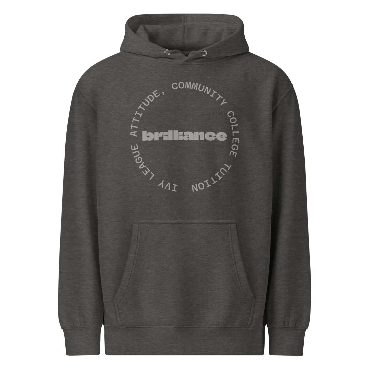 Personalized Campus Circle Hoodie – Bold Center Word + Custom Ring Text in dark grey with 'brilliance' design.