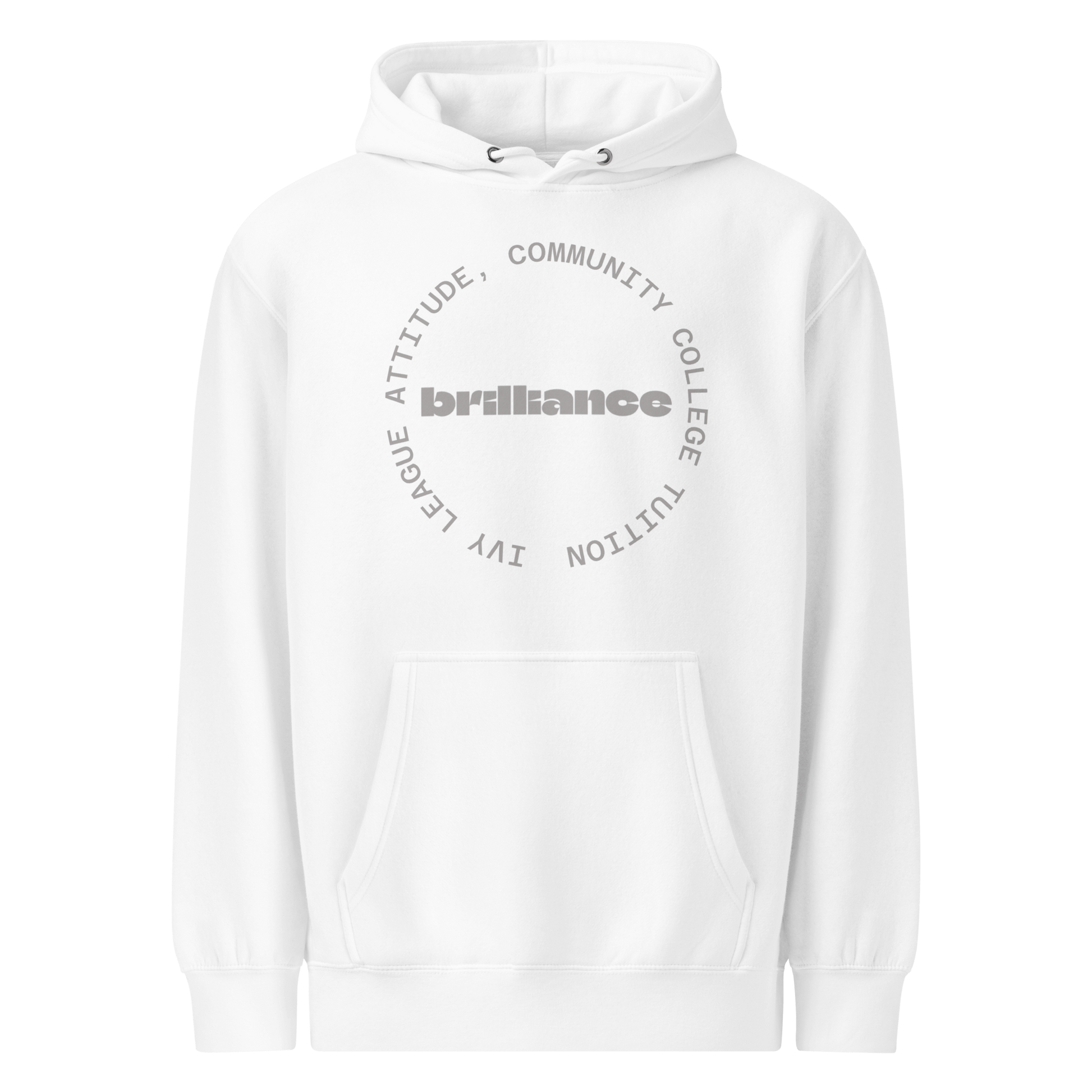 Personalized Campus Circle Hoodie – Bold Center Word + Custom Ring Text featuring the word 'brilliance'.