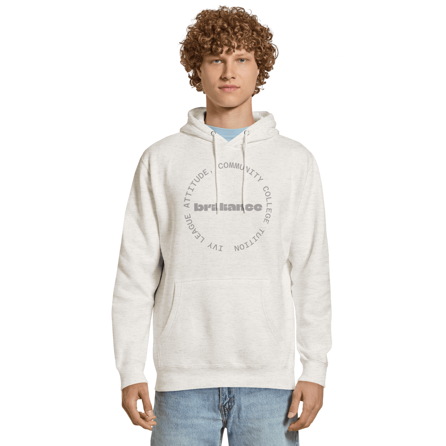 Personalized Campus Circle Hoodie – Bold Center Word + Custom Ring Text with 'brilliance' design on a model.