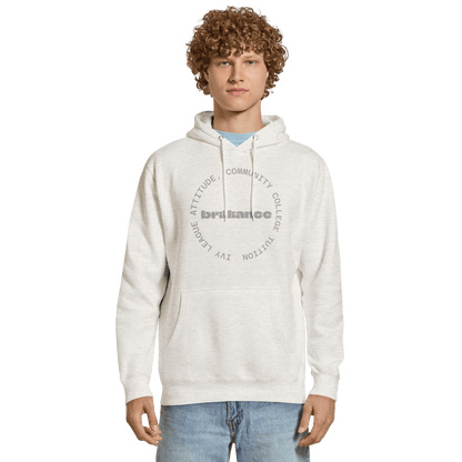 Personalized Campus Circle Hoodie – Bold Center Word + Custom Ring Text with 'brilliance' design on a model.